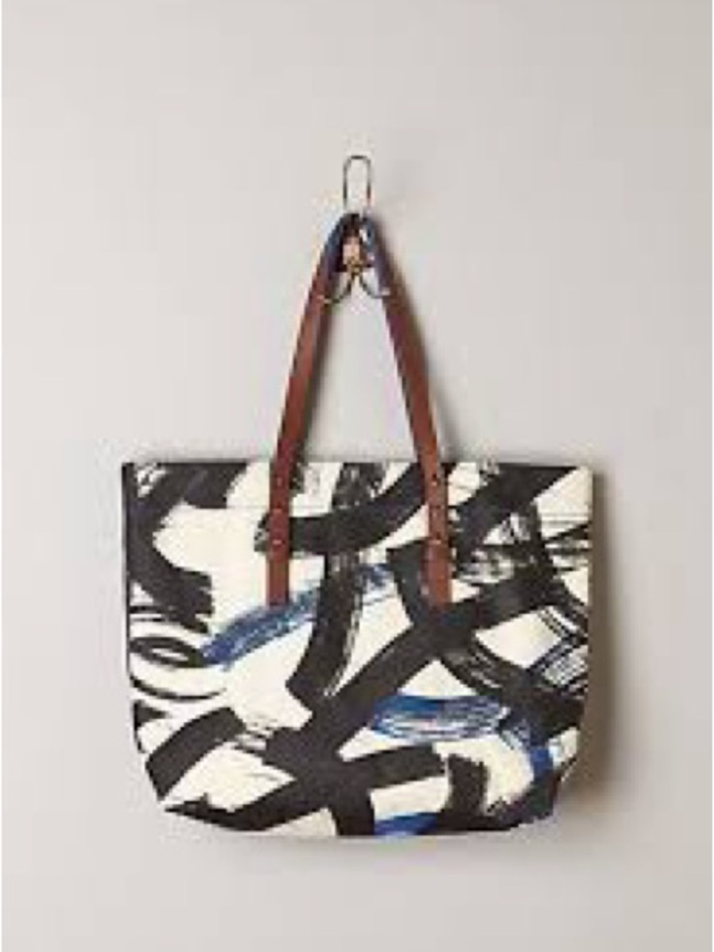 Miss Albright Painterly Black & White Canvas Tote with Brown Handles